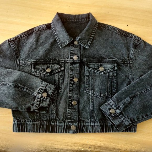 Cali Chic Women's Denim Jacket Celebrity Snow Washed Black Drop Shoulder Crop - Picture 6 of 9